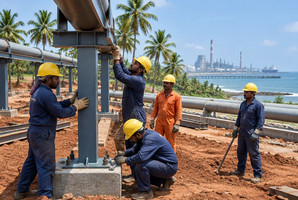 Crew erecting steel pipe supports at a coastal plant site in Tamil Nadu