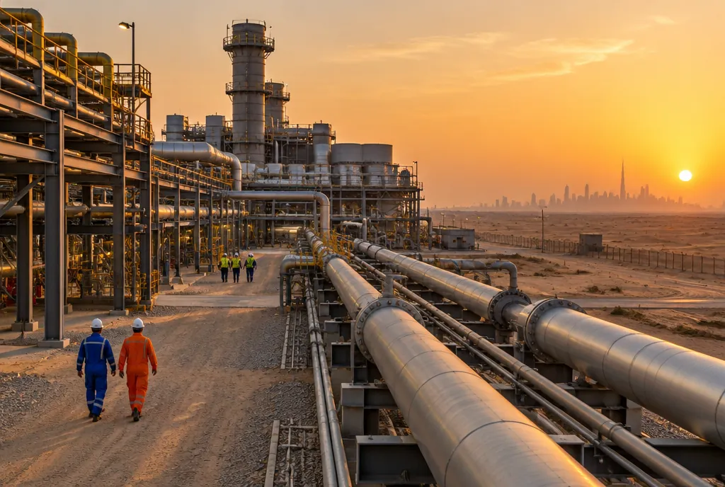 Pipelines and steel pipe racks at a desert power plant near Dubai at sunset