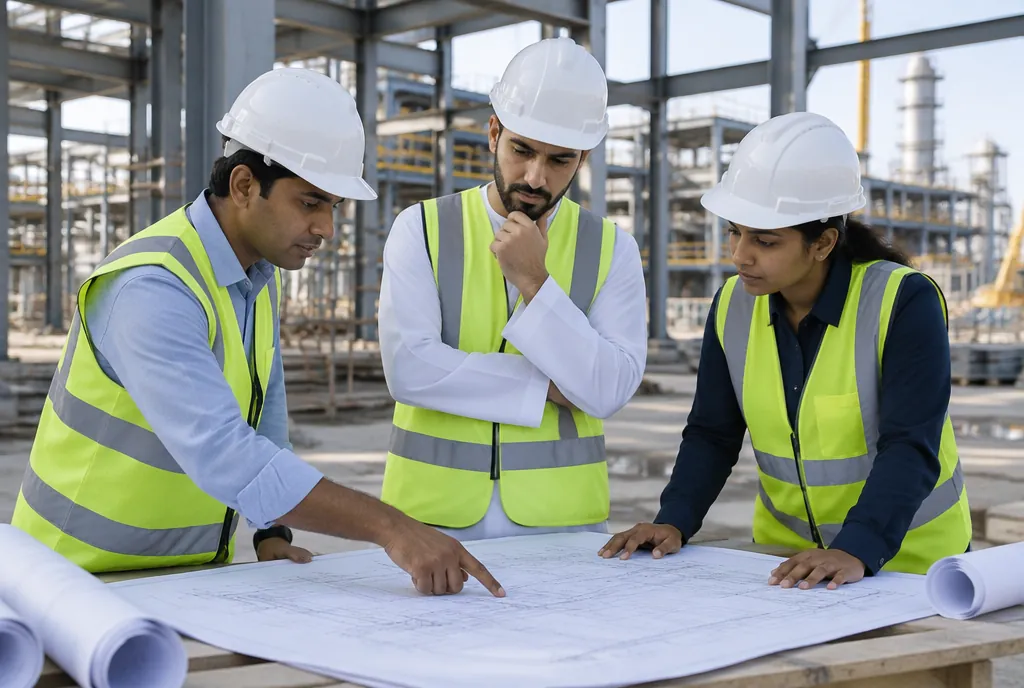 Engineers reviewing drawings inside a steel structure under construction