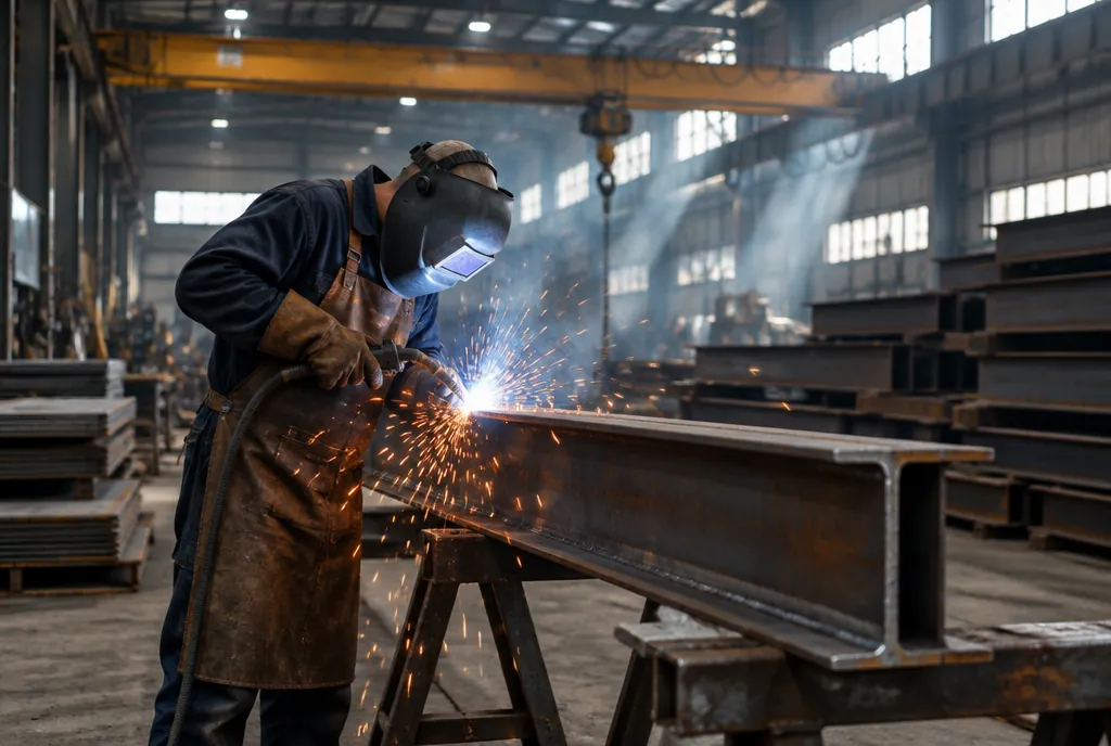 Welder fabricating a structural steel beam in a fabrication shop