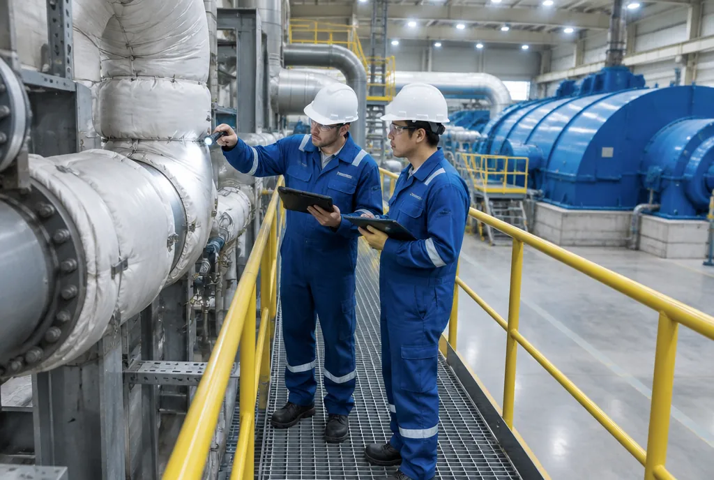 Technicians inspecting insulated piping in a power plant turbine hall