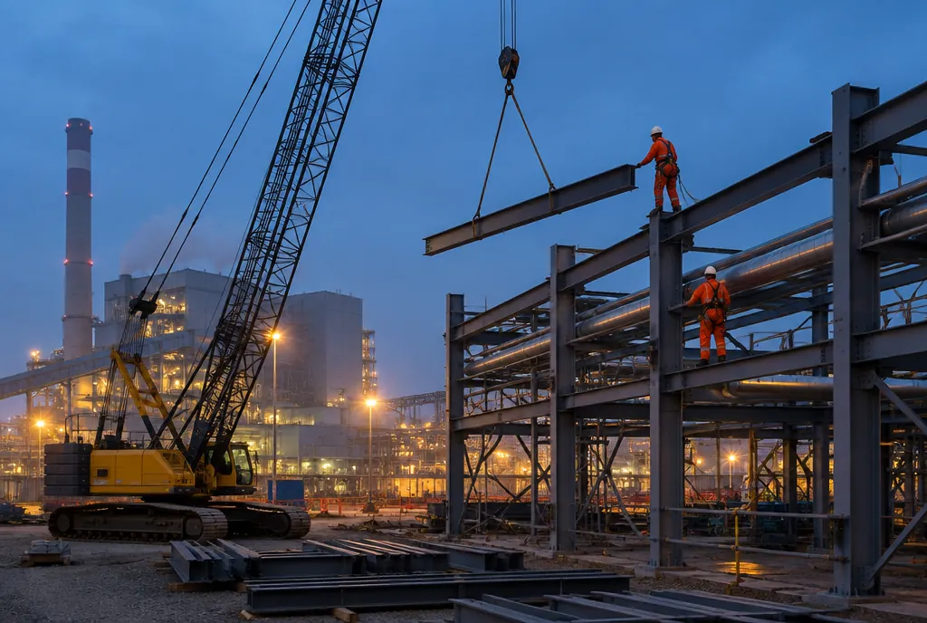 Steel pipe rack being erected by crane at a power plant at dusk