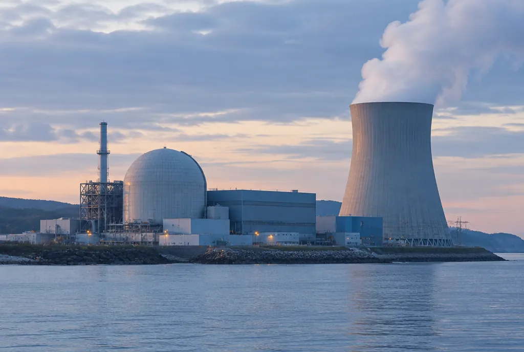 Nuclear power plant with a cooling tower on a coastline at dawn