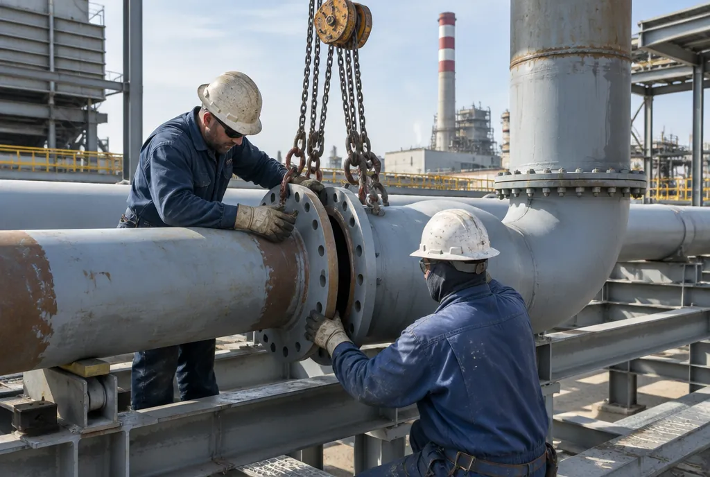 Pipefitters aligning a flanged joint on a large pipeline