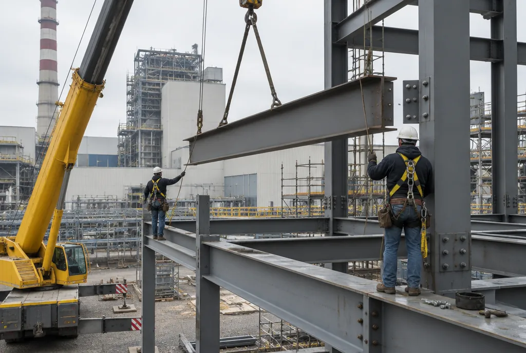 Crane lowering a steel beam into a plant structure while ironworkers guide it