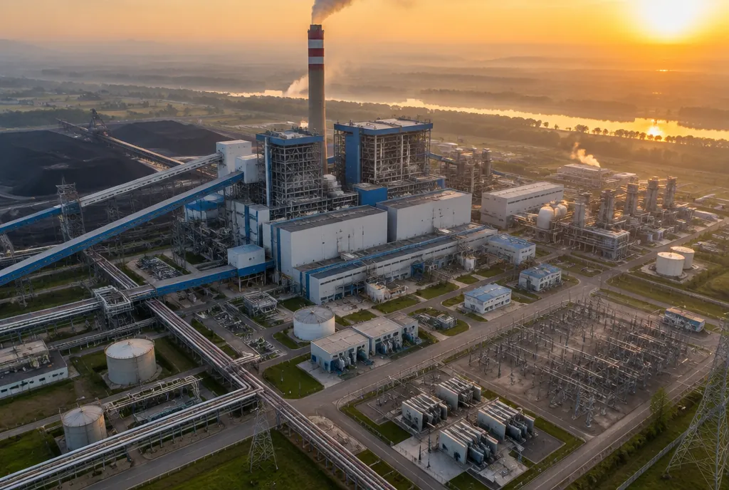 Aerial view of a thermal power station at sunset